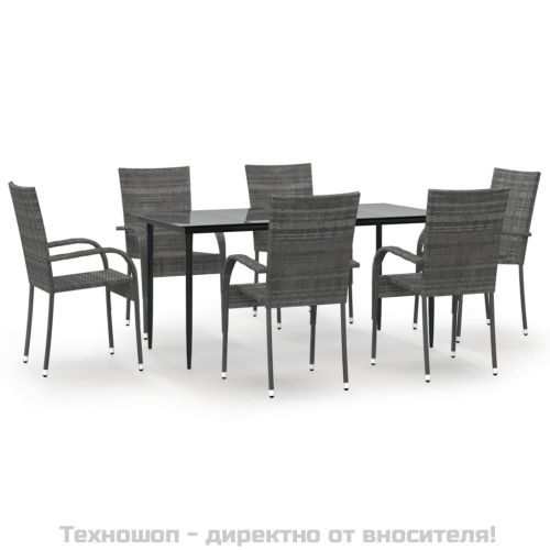 Градински трапезен комплект от 7 части, полиратан, сив