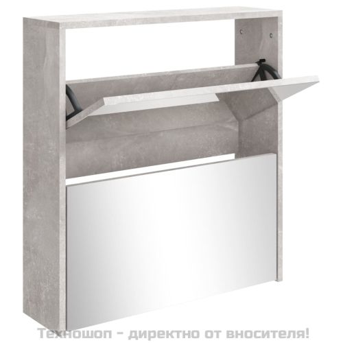 Шкаф за обувки с огледало, 2 нива, бетонно сив, 63x17x67 см