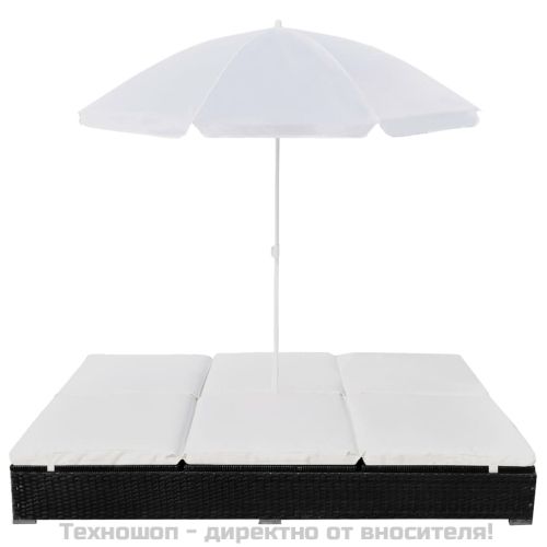 Градинско лаундж легло с чадър, полиратан, черно