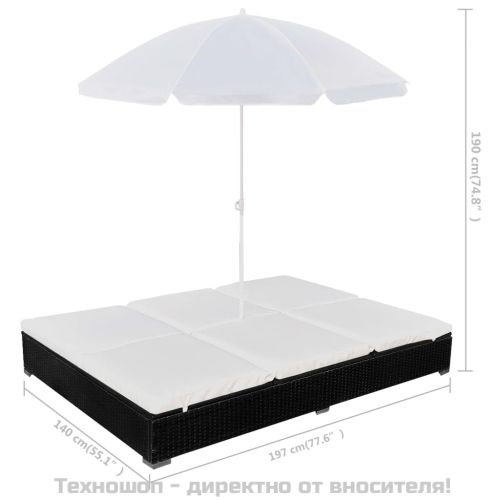 Градинско лаундж легло с чадър, полиратан, черно
