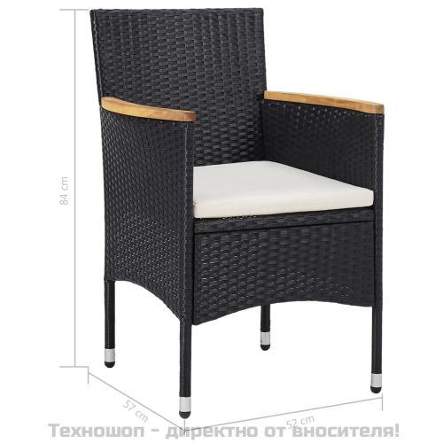 Градински трапезен комплект, 5 части, черен полиратан и акация
