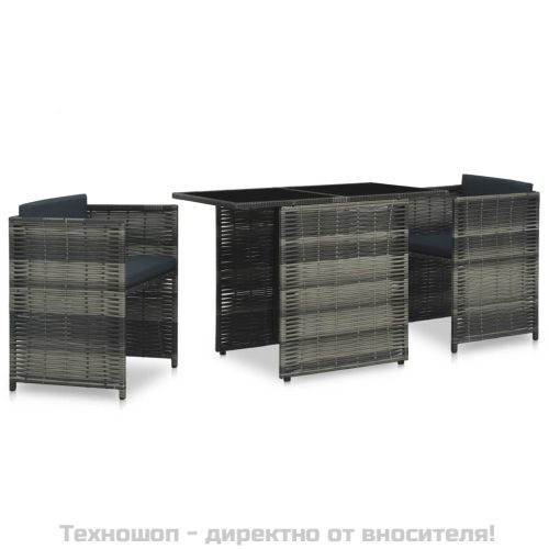 Бистро комплект, 3 части, с възглавници, полиратан, сив