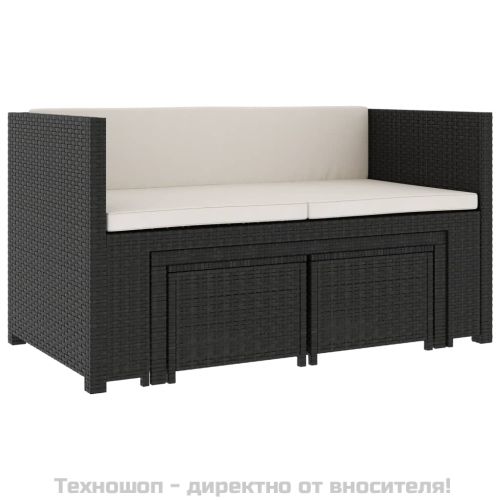Градински комплект с възглавници, 5 части, черен полиратан