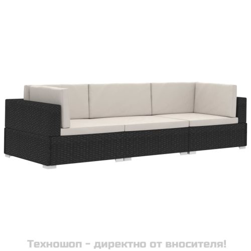 Градински комплект с възглавници, 3 части, полиратан, черен