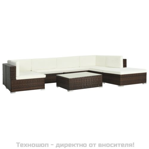 Градински комплект с възглавници, 8 части, кафяв полиратан