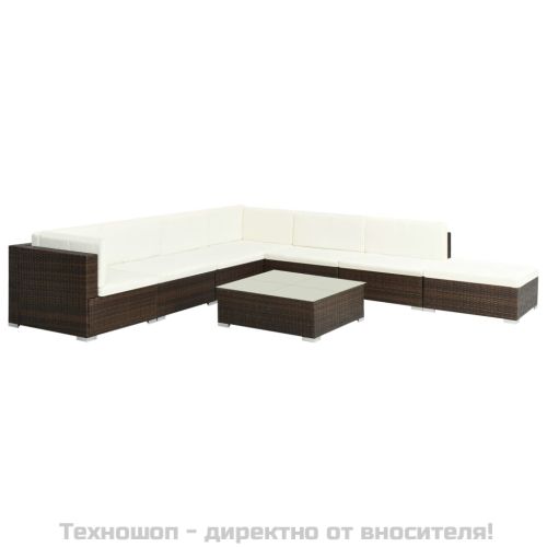 Градински комплект с възглавници, 8 части, кафяв полиратан