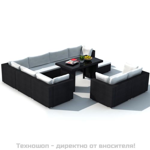 Градински комплект с възглавници, 10 части, черен полиратан