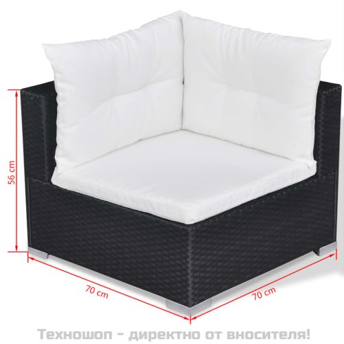 Градински комплект с възглавници, 10 части, черен полиратан