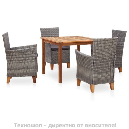 Трапезен комплект от 5 части, полиратан и акациево дърво, сив