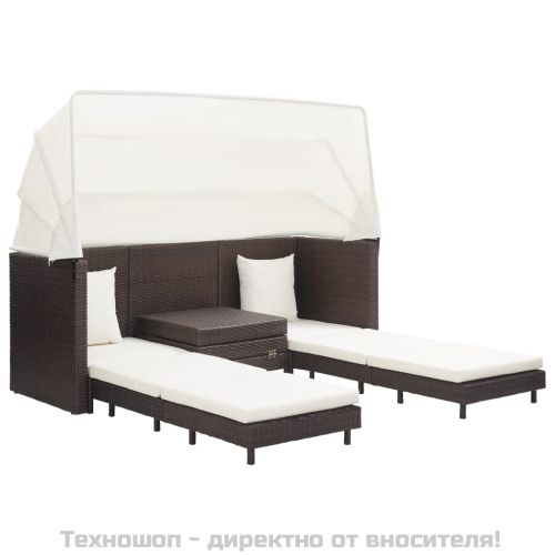 Разтегателен 3-местен диван с навес, полиратан, кафяв
