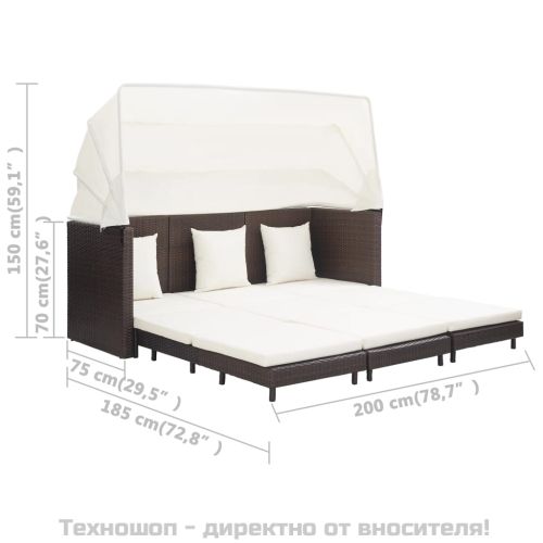 Разтегателен 3-местен диван с навес, полиратан, кафяв