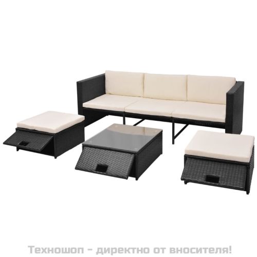 Градински комплект с възглавници, 4 части, черен полиратан