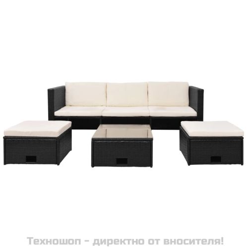 Градински комплект с възглавници, 4 части, черен полиратан