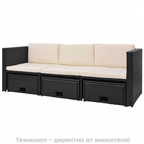 Градински комплект с възглавници, 4 части, черен полиратан