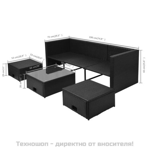 Градински комплект с възглавници, 4 части, черен полиратан