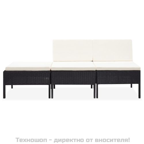 Градински комплект с възглавници, 3 части, черен полиратан