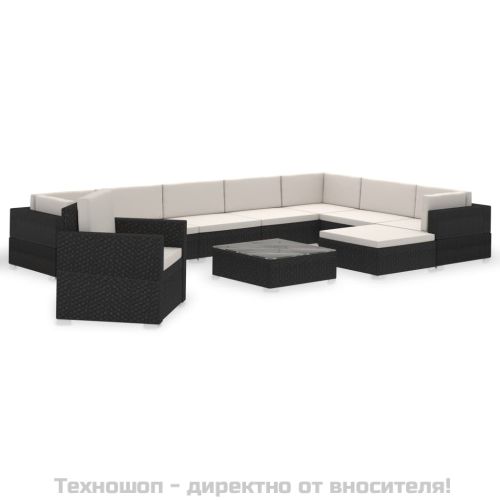 Градински комплект с възглавници, 12 части, черен полиратан