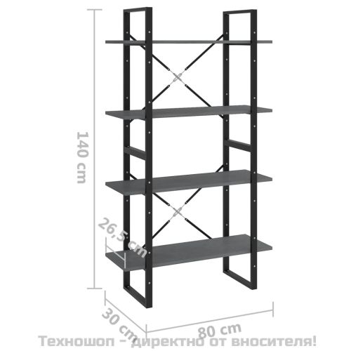 4-етажна библиотека, сива, 80x30x140 см, борово дърво масив