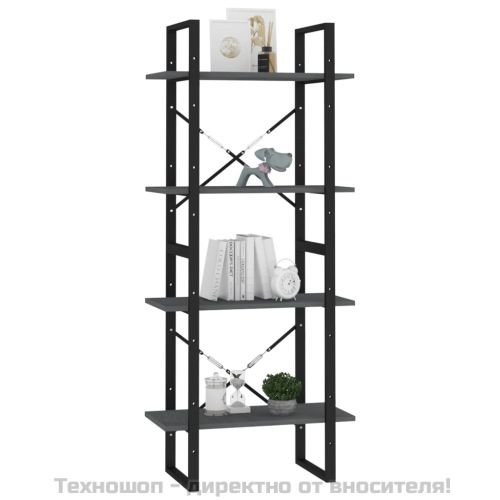 4-етажна библиотека, сива, 60x30x140 см, борово дърво масив