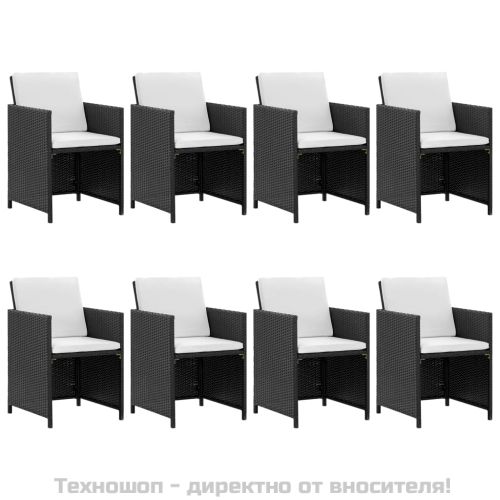 Градински комплект с възглавници, 9 части, черен полиратан