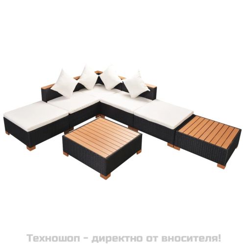 Градински комплект с възглавници, 7 части, черен полиратан