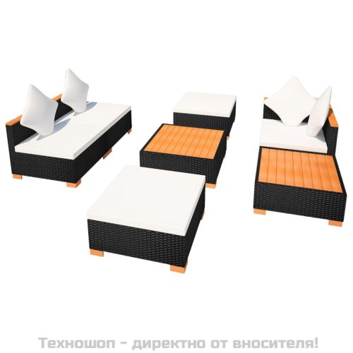 Градински комплект с възглавници, 7 части, черен полиратан