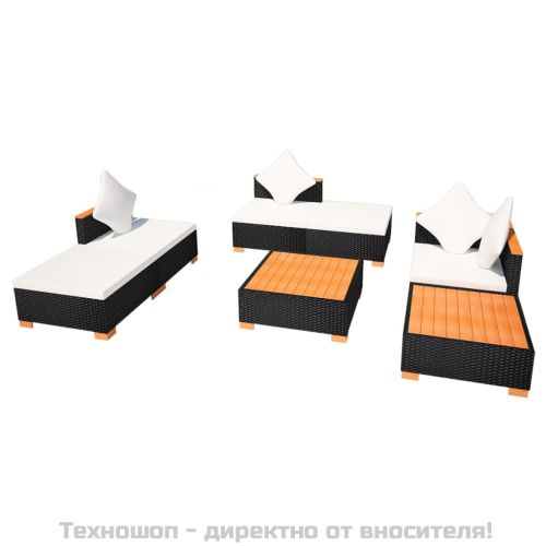 Градински комплект с възглавници, 7 части, черен полиратан