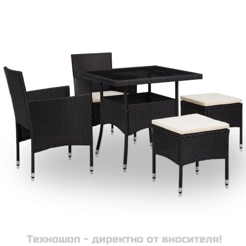 Градински трапезен комплект, 5 части, черен, полиратан и стъкло