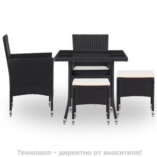 Градински трапезен комплект, 5 части, черен, полиратан и стъкло