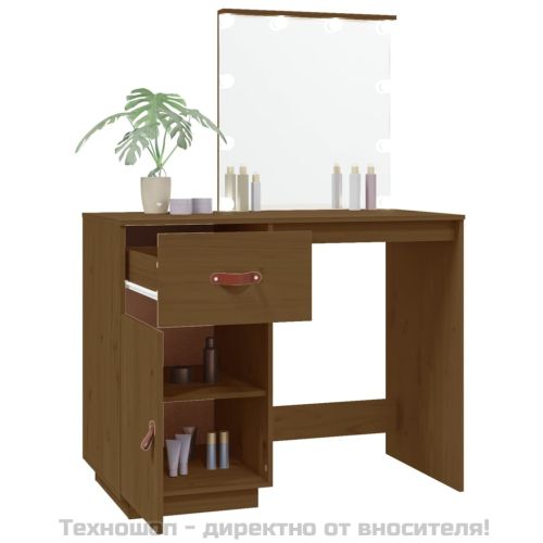 Тоалетка с LED, Меденокафяв, 95x50x133,5 см, борово дърво масив