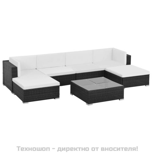 Градински комплект с възглавници, 7 части, полиратан, черен