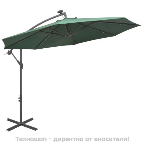 Окачен чадър с LED осветление, 300 см, зелен, метален прът