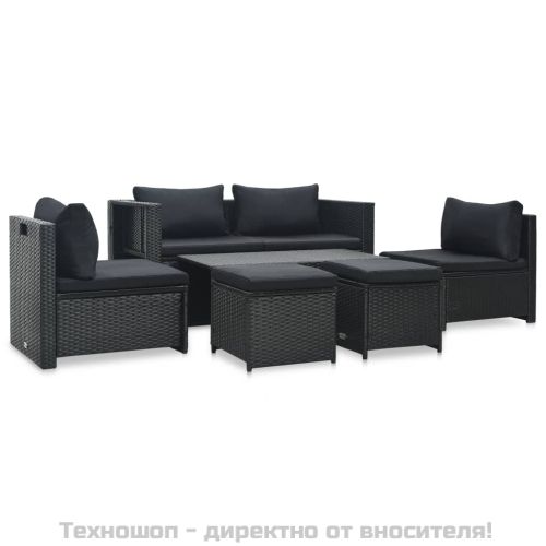 Градински комплект с възглавници, 6 части, черен полиратан