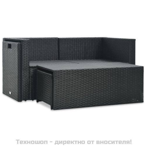 Градински комплект с възглавници, 6 части, черен полиратан