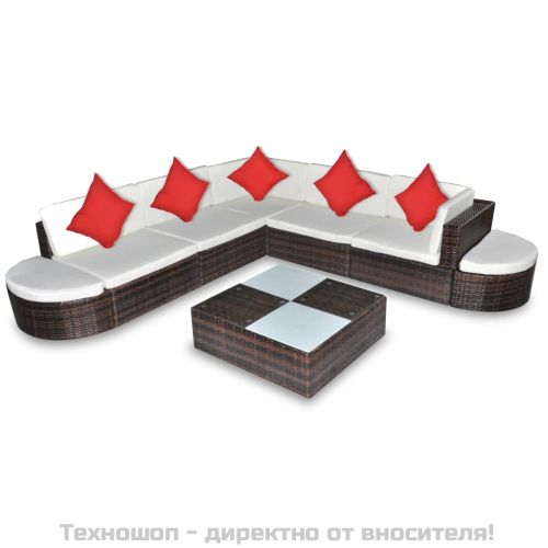 Градински лаундж комплект с възглавници 8 части полиратан кафяв