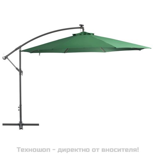 Конзолен градински чадър с LED и метален стълб 350 см зелен
