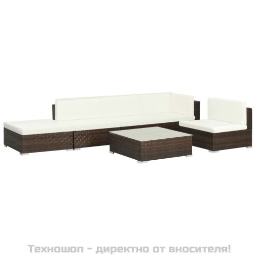 Градински комплект с възглавници, 6 части, кафяв полиратан