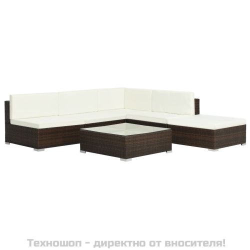 Градински комплект с възглавници, 6 части, кафяв полиратан