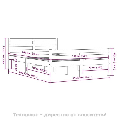 Рамка за легло, бяла, дърво масив, 150x200 cм, King Size