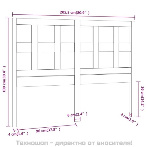 Горна табла за легло, сива, 205,5x4x100 см, бор масив