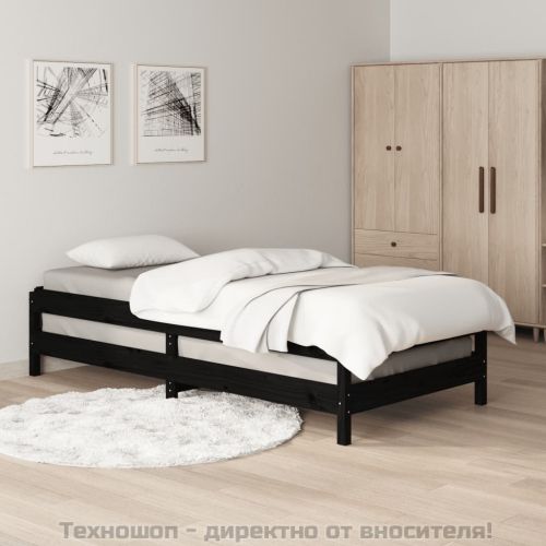 Стифиращо легло, черно, борово дърво масив, 75x190 см