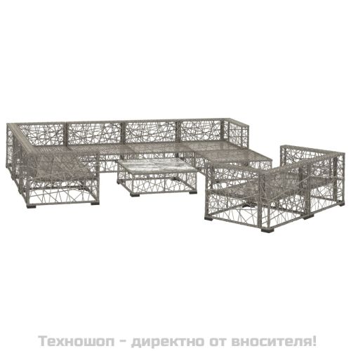 Градински комплект с възглавници, 10 части, полиратан, сив
