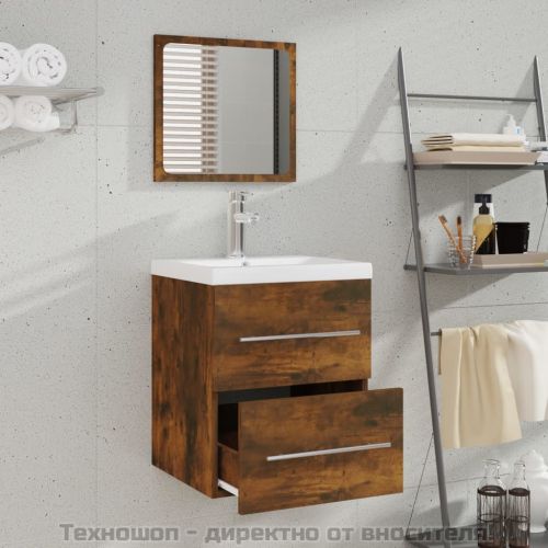 Шкаф за баня с огледало, Опушен дъб, 41x38,5x48 см