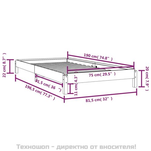 Стифиращо легло, Сиво, борово дърво масив, 75x190 см