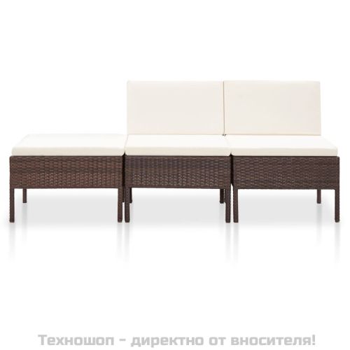 Градински комплект с възглавници, 3 части, кафяв полиратан