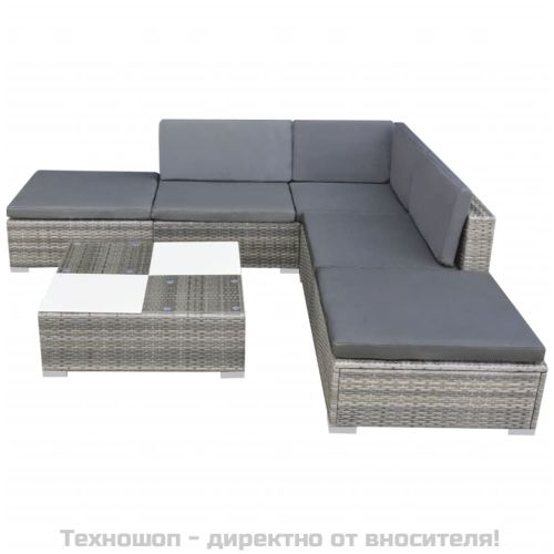 Градински комплект с възглавници, 6 части, полиратан, сив