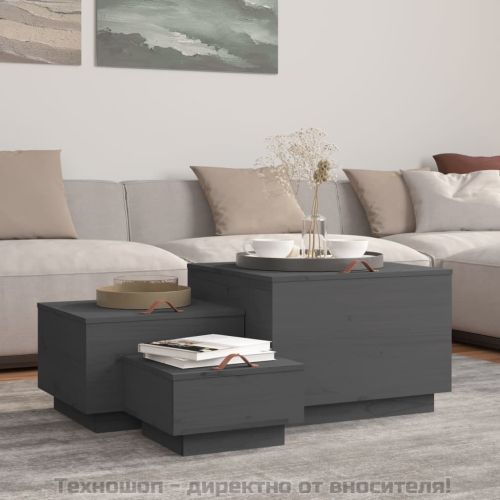 Кутии за съхранение с капаци 3 бр сиви борова дървесина масив