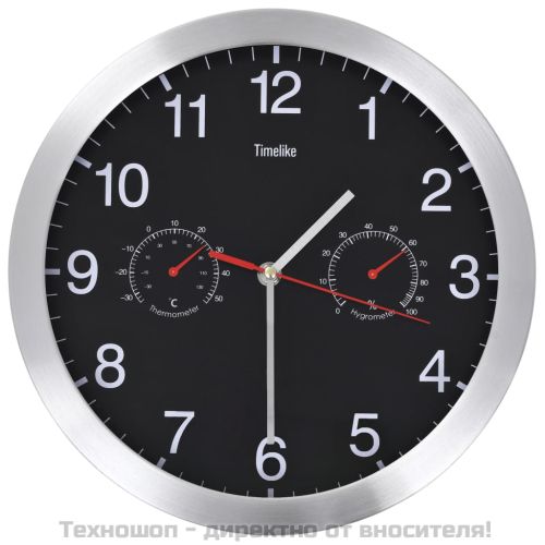 Стенен часовник с кварц, хигрометър и термометър, 30 см, черен