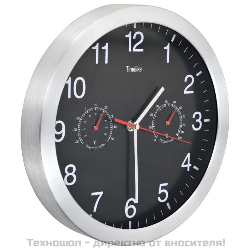 Стенен часовник с кварц, хигрометър и термометър, 30 см, черен