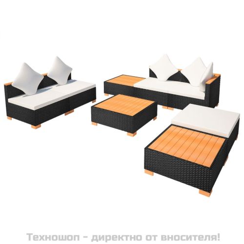 Градински комплект с възглавници, 8 части, черен полиратан